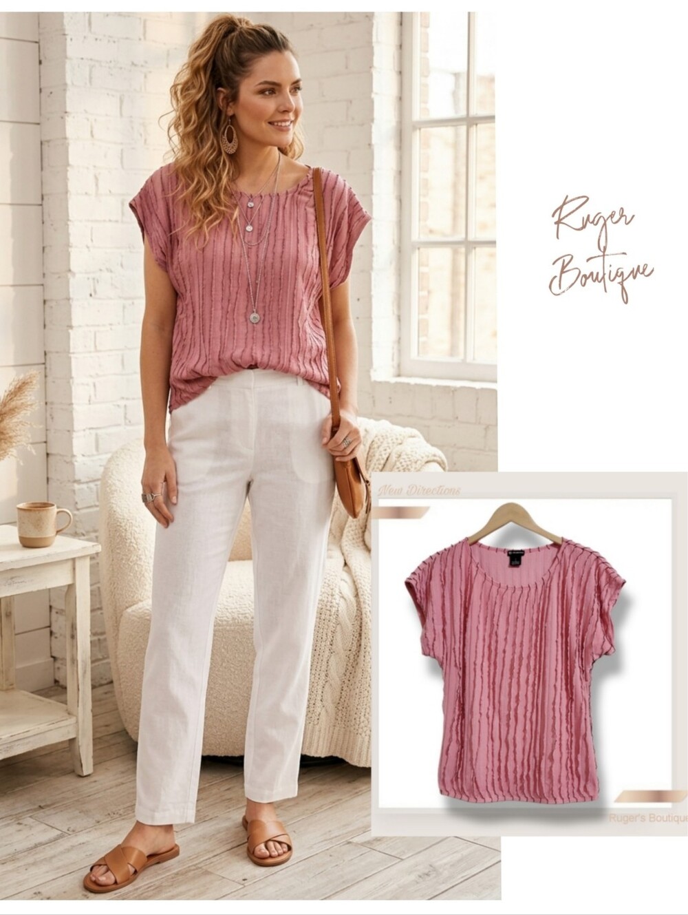 🌿New Directions Womens Small Peachy Pink & Black Trimmed Ruched Blouse
